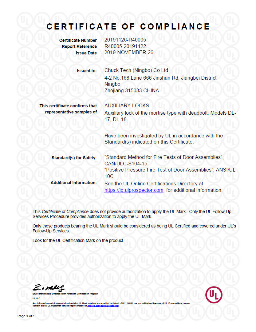 UL10C mortise lock deadbolt locks certificate