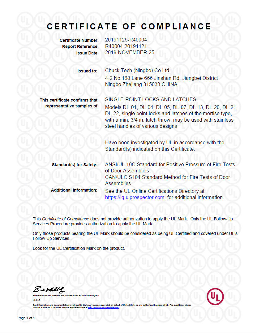UL 10C mortise lock latch bolt locks certificate