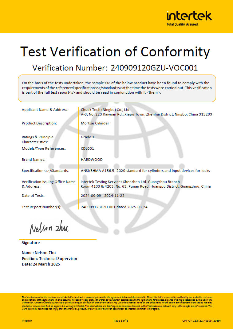 ANSI BHMA A156.5 mortise cylinder certificate