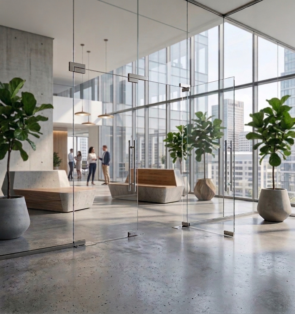Glass doors in a contemporary commercial interior