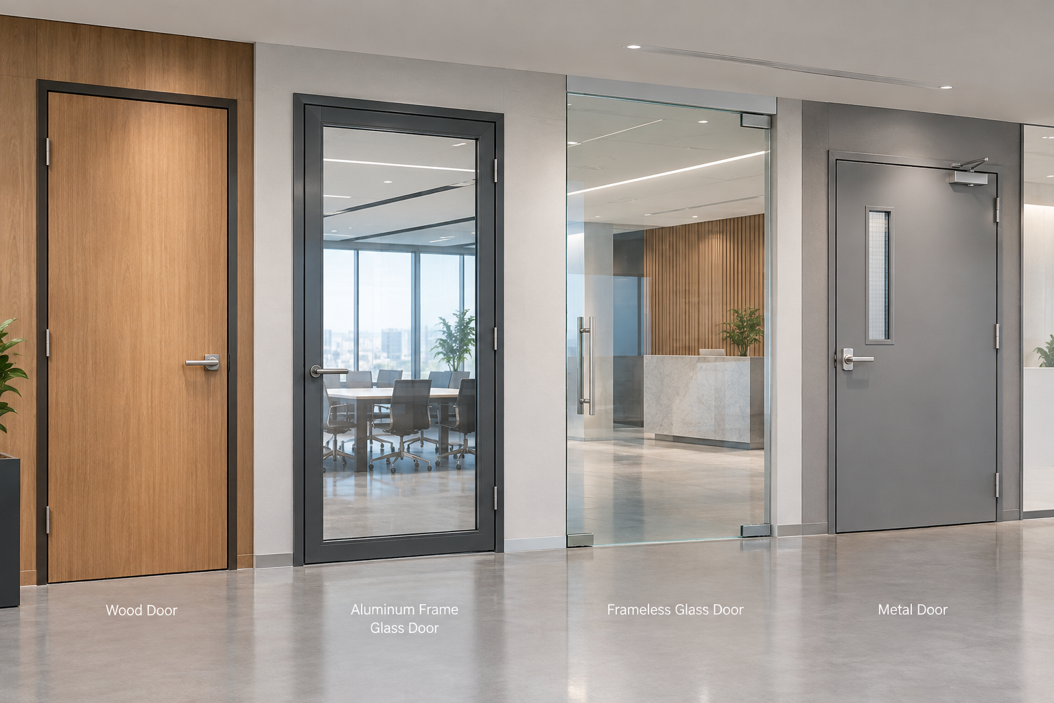 Wood, aluminum frame glass, frameless glass and metal doors
